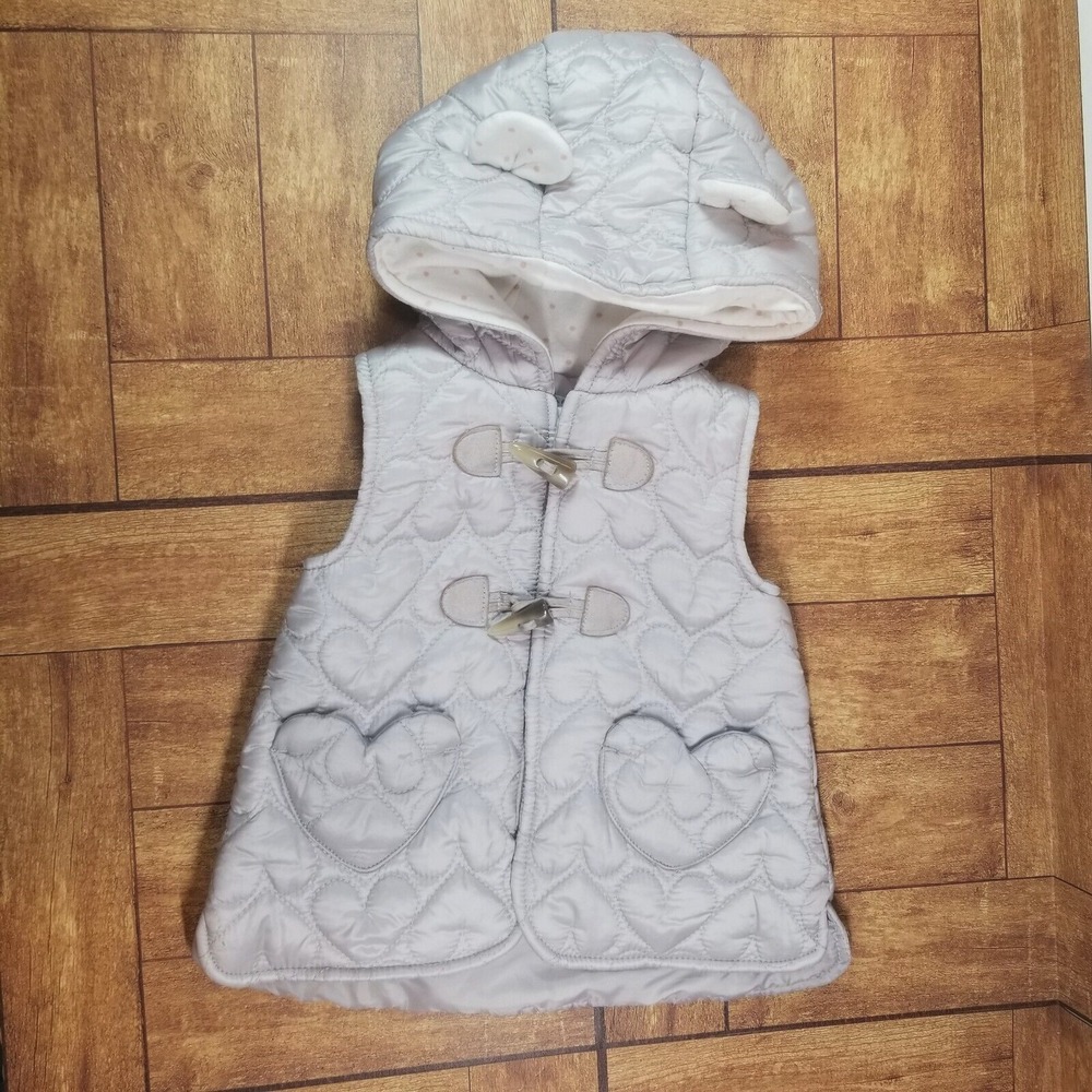 Tahari Hood with Ears Heart Pockets Lined Light Gray Quilted Vest 6-9 months